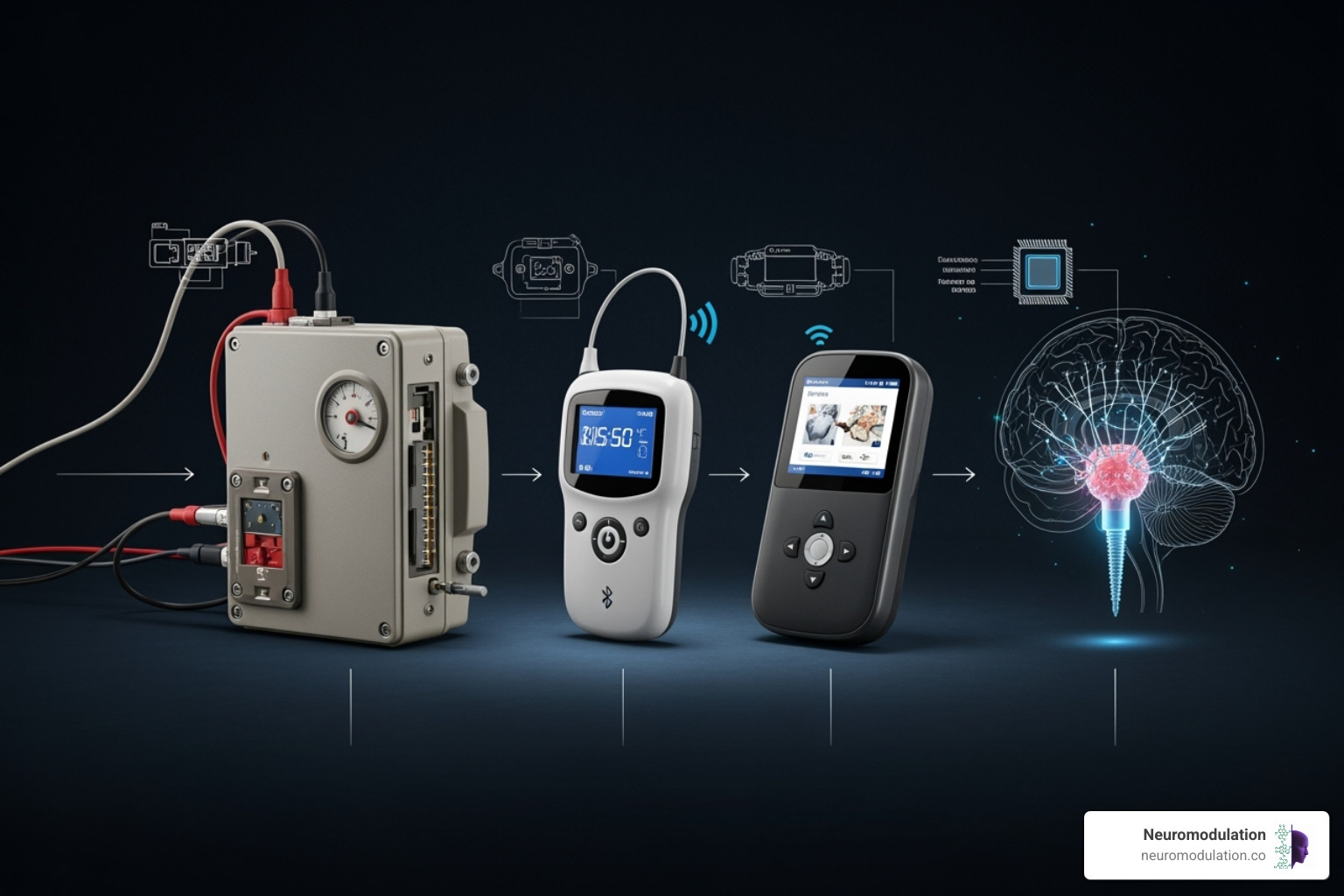 Diagram illustrating the evolution of neuromodulation devices, from larger, non-MRI compatible models to smaller, rechargeable, MRI-conditional, and potentially closed-loop systems, emphasizing technological advancements - Overactive bladder neuromodulation Diagram illustrating the evolution of neuromodulation devices, from larger, non-MRI compatible models to smaller, rechargeable, MRI-conditional, and potentially closed-loop systems, emphasizing technological advancements - Overactive bladder neuromodulation