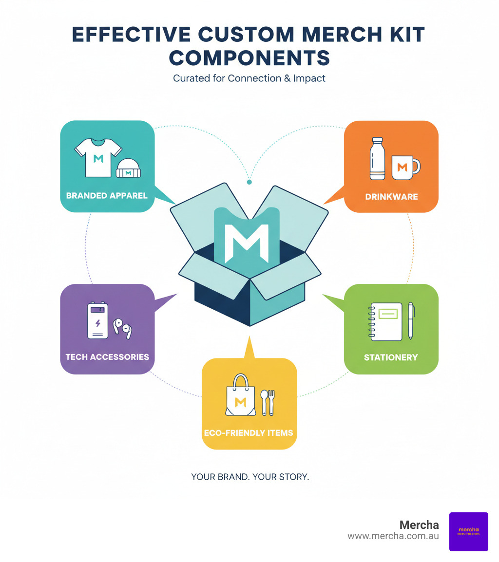 infographic showing the components of an effective custom merch kit including branded apparel, drinkware, tech accessories, stationery, and eco-friendly items arranged in a cohesive branded package - custom merch kits infographic 