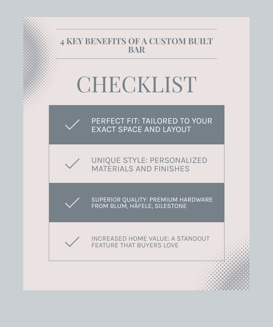 Infographic showing the 4 key benefits of a custom built bar: Perfect Fit (tailored to your exact space and layout), Unique Style (personalised materials and finishes), Superior Quality (premium hardware from Blum, Häfele, Silestone), and Increased Home Value (a standout feature that buyers love). Each benefit is accompanied by an icon and a brief description, all under the G&M Craftsman Cabinets brand. - Custom built bar infographic checklist-light-blue-grey