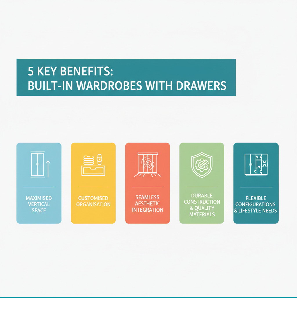 Infographic showing five key benefits of built-in wardrobes with drawers: maximised vertical space with floor-to-ceiling design, customised drawer organisation for folded clothes and accessories, seamless aesthetic integration with bedroom decor, durable construction using quality materials and hardware, and flexible configurations tailored to family lifestyle needs - built in wardrobes with drawers infographic 