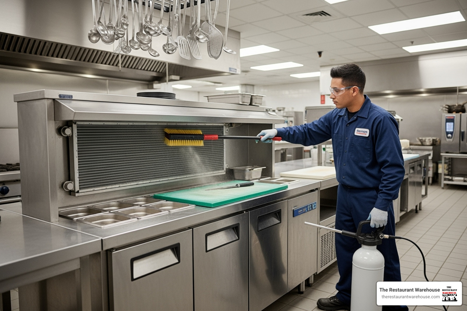 Technician cleaning the condenser coil on a refrigerated prep station - Refrigerated prep station