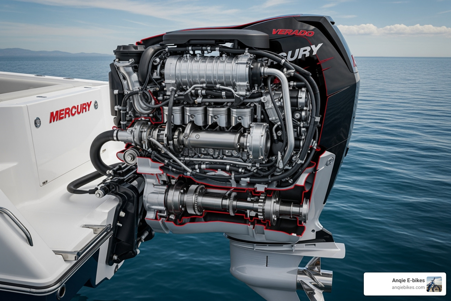 Cutaway view of a Mercury engine showing internal components - MECURY OUTBOARD ENGINES