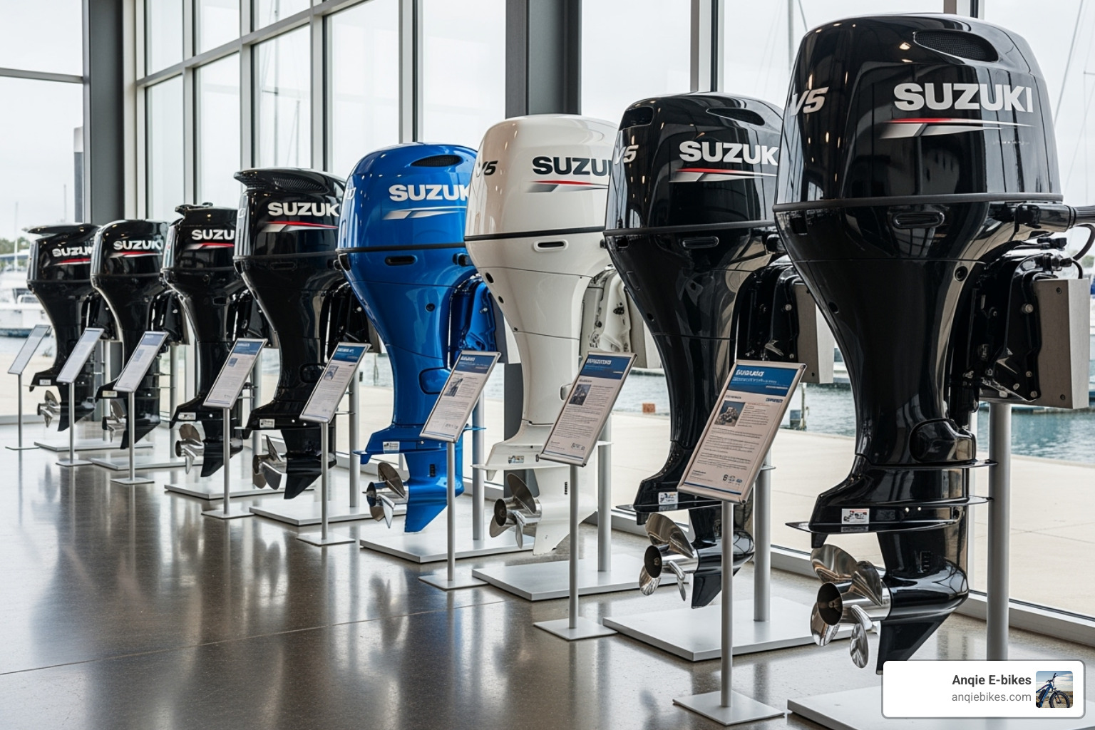 various Suzuki outboard models lined up, showcasing different sizes and colors. - SUZUKI OUTBOARD MARINES 