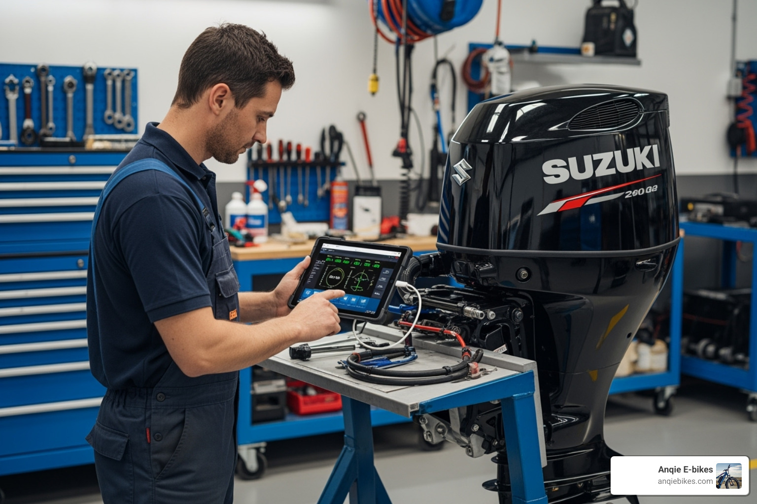 mechanic using the Suzuki Diagnostic System on a tablet. - SUZUKI OUTBOARD MARINES 