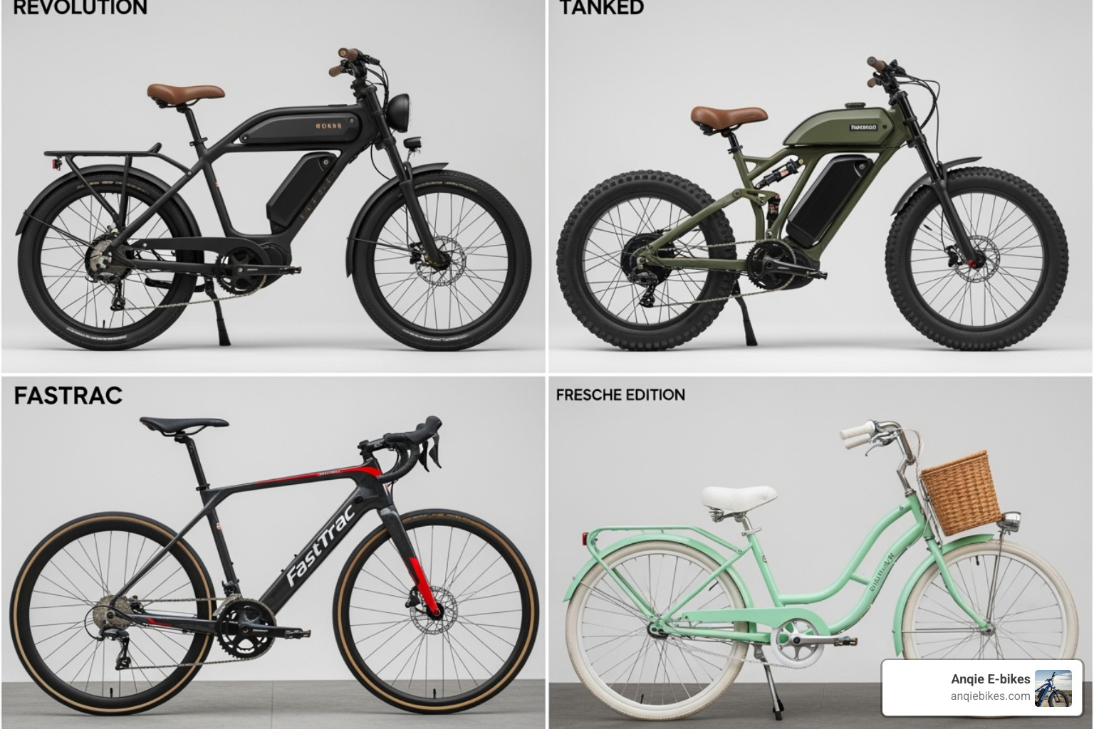 Collage featuring the Jrat Customs Revolution, Tanked, FastTrac, and Fresche Edition models - Jrat Custom bikes