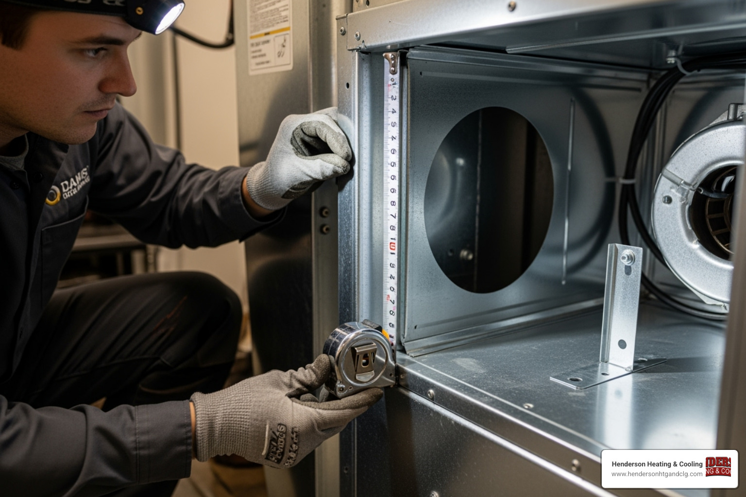 technician carefully measuring the space for a new blower motor inside a furnace - furnace blower motor upgrade