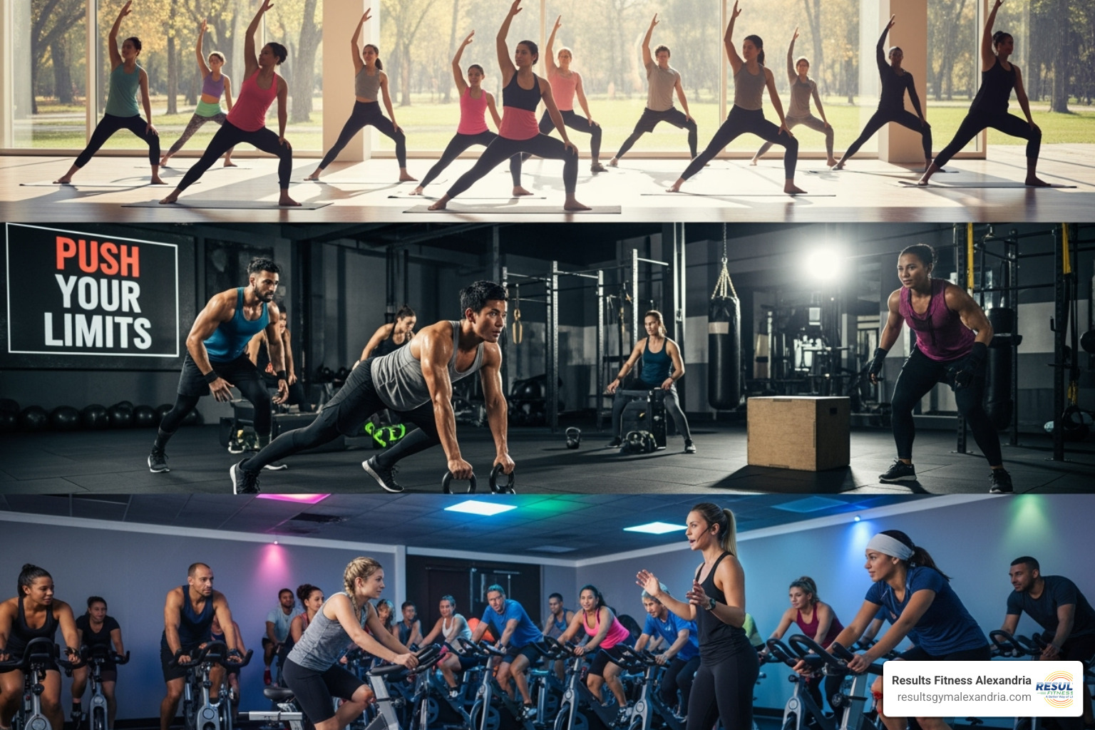 collage of class types like Yoga, HIIT, and Cycling - gym fitness classes near me collage of class types like Yoga, HIIT, and Cycling - gym fitness classes near me