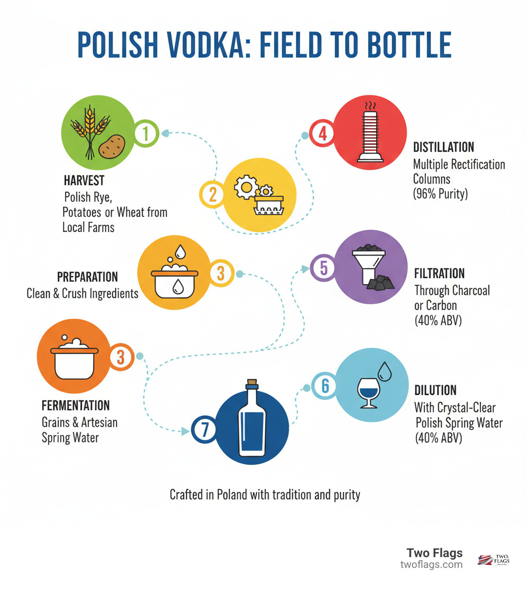 Infographic showing the journey of Polish distilled vodka from field to bottle: 1. Harvest Polish rye, potatoes, or wheat from local farms within 20 miles of distillery; 2. Clean and crush ingredients to prepare for fermentation; 3. Ferment grains with pure artesian spring water; 4. Distill multiple times using tall rectification columns reaching 96% alcohol purity; 5. Filter through charcoal or carbon to remove impurities; 6. Dilute with crystal-clear Polish spring water to 40% ABV; 7. Bottle with no additives for authentic taste - Polish distilled vodka infographic 