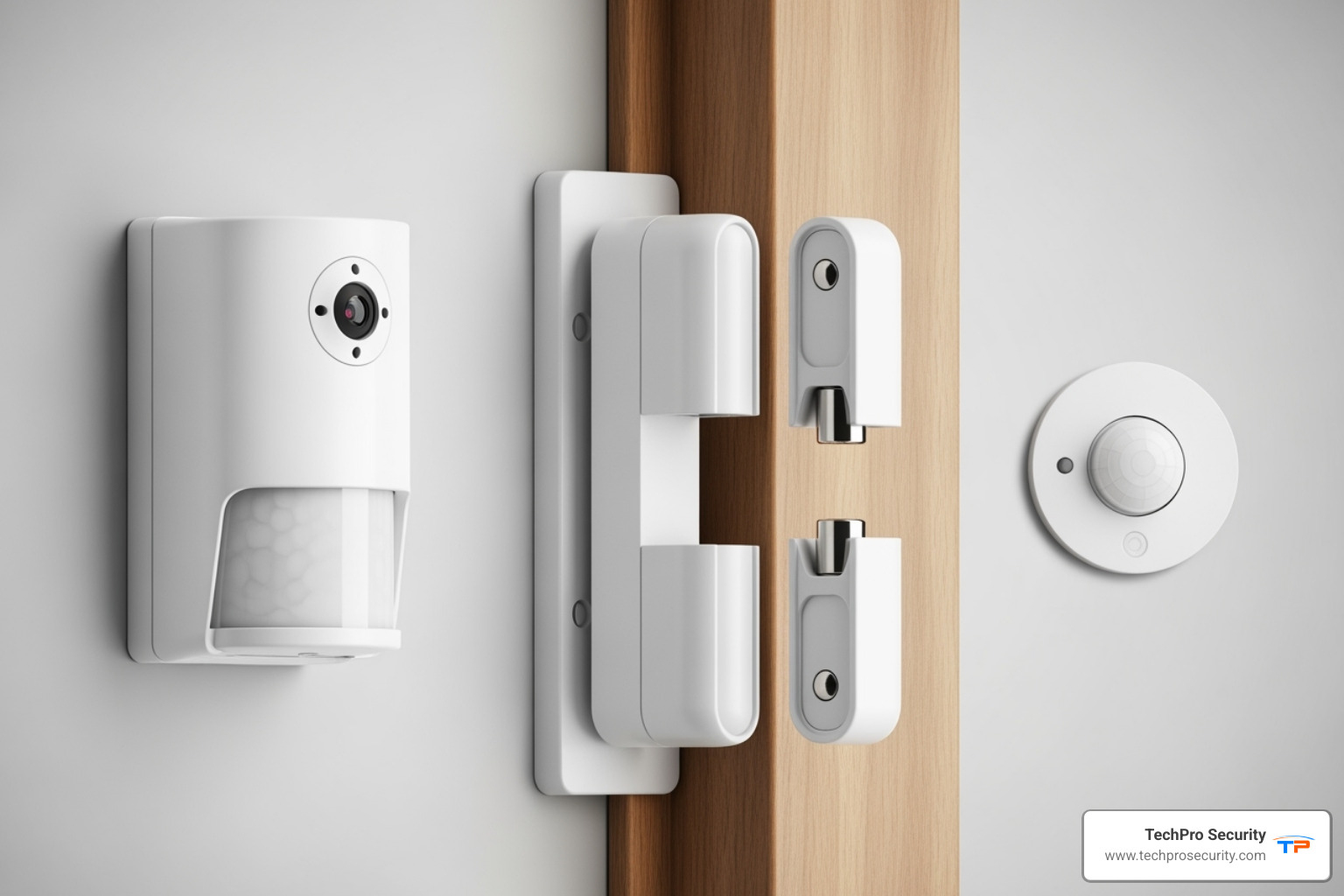 Image showing different types of security sensors like door/window, motion, and glass break sensors - security alarms