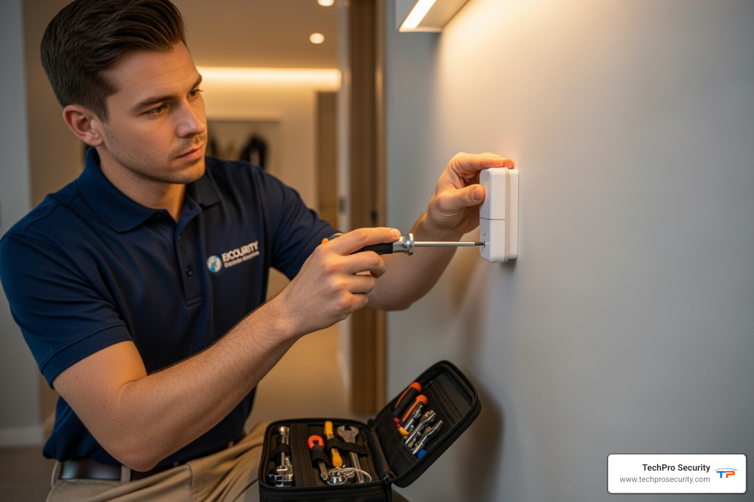 Image of a professional technician installing a security sensor - security alarms