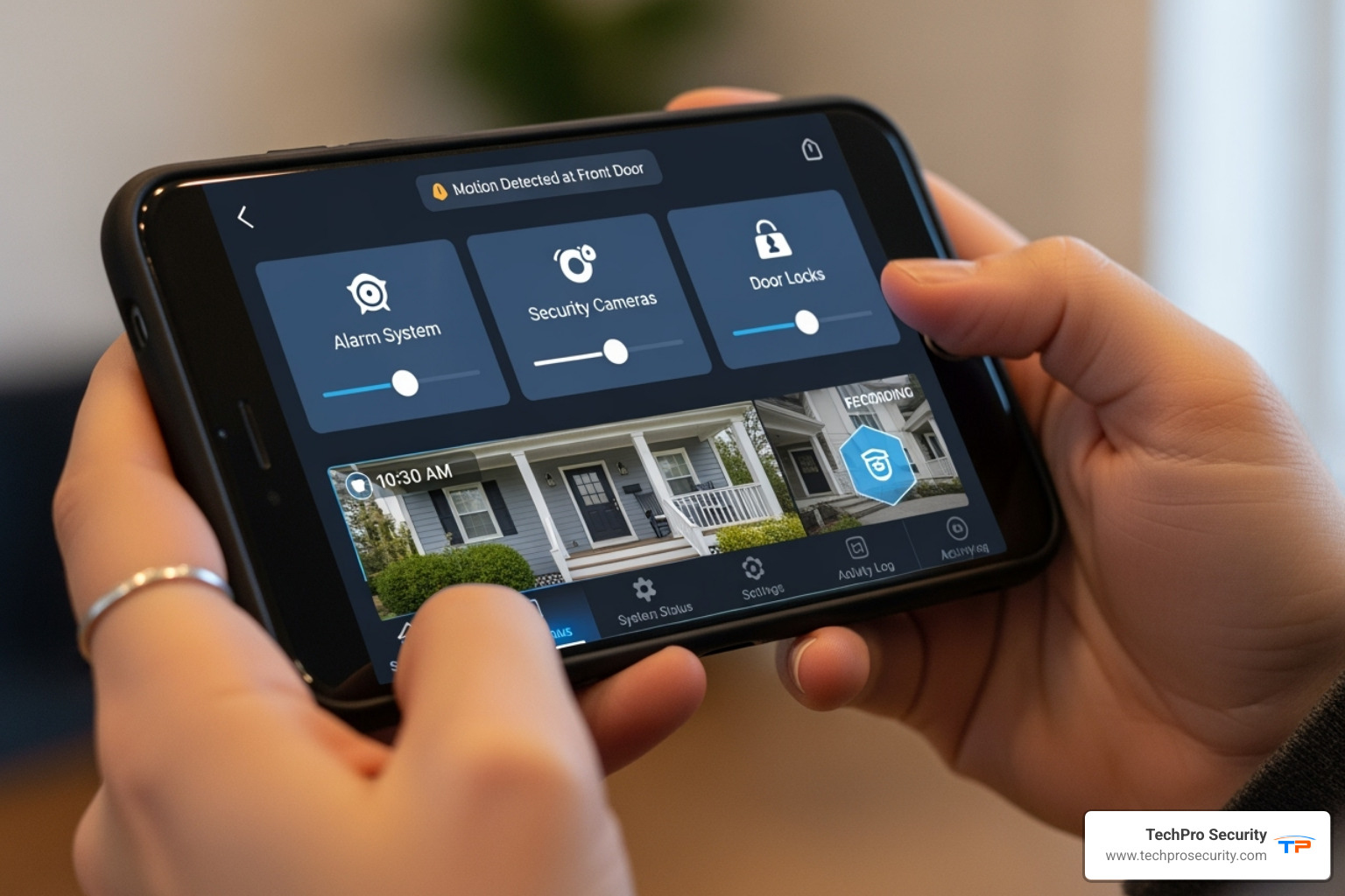 Image of a person using a smartphone app to control their home security system - security alarms