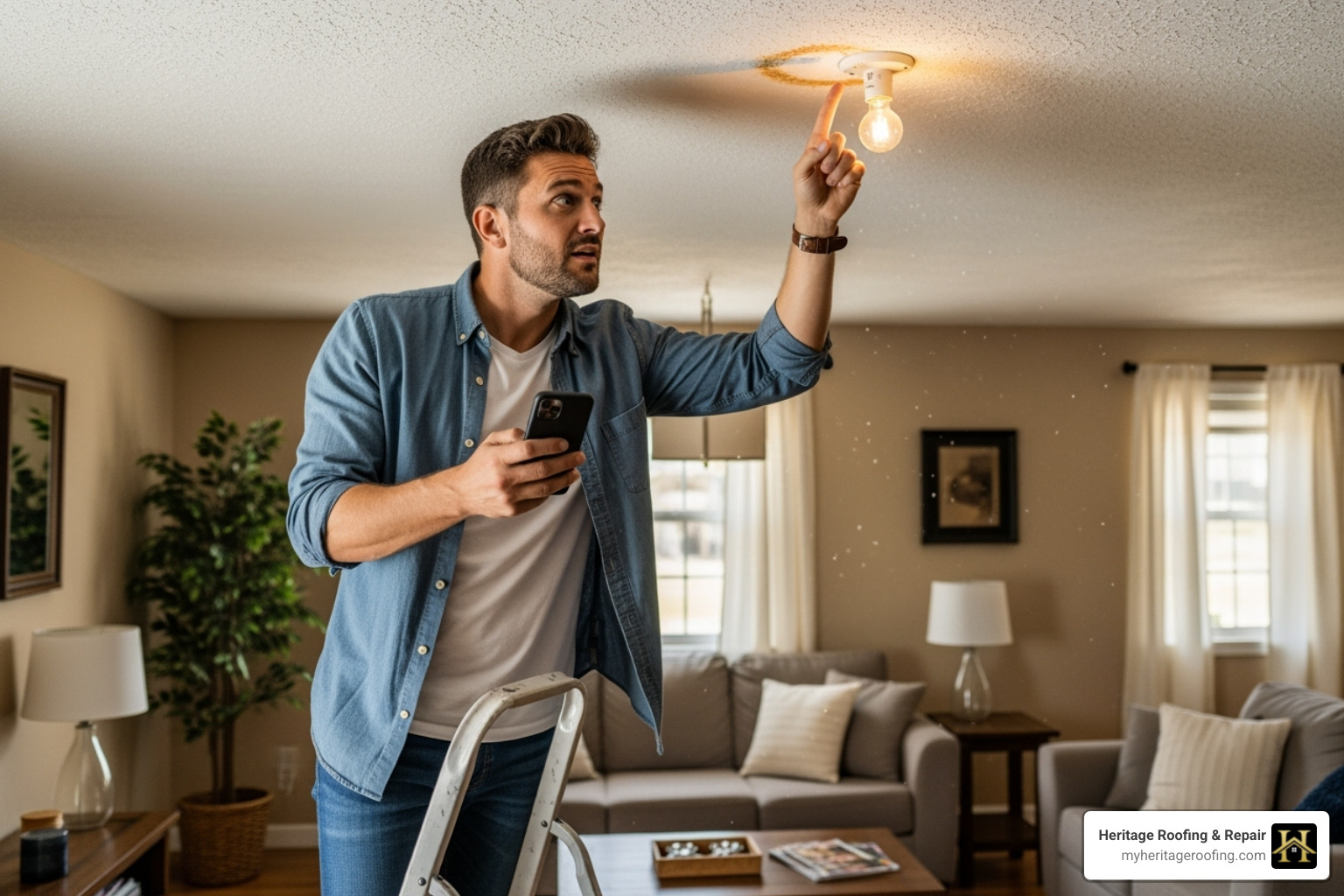 homeowner inspecting ceiling - roof repair harrison