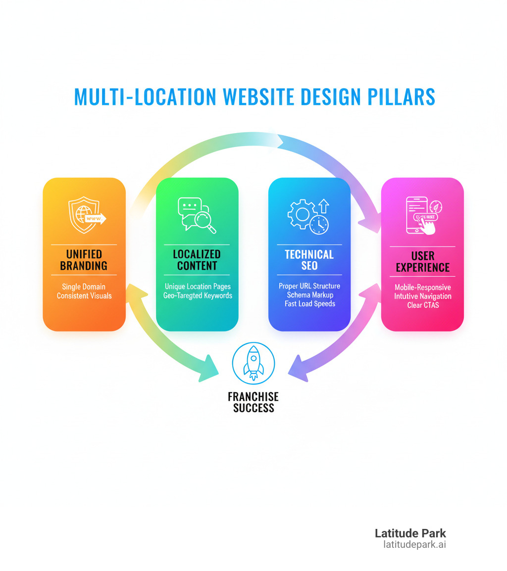 Infographic showing the four essential pillars of successful multi-location website design: First pillar shows Unified Branding with a single domain icon and consistent visual identity elements; Second pillar displays Localized Content with unique location pages and geo-targeted keywords; Third pillar illustrates Technical SEO with proper URL structure, schema markup, and fast load speeds; Fourth pillar presents User Experience with mobile-responsive design, intuitive navigation, and clear calls-to-action, all connected by arrows showing how they work together to create franchise success - multi-location website design infographic  Infographic showing the four essential pillars of successful multi-location website design: First pillar shows Unified Branding with a single domain icon and consistent visual identity elements; Second pillar displays Localized Content with unique location pages and geo-targeted keywords; Third pillar illustrates Technical SEO with proper URL structure, schema markup, and fast load speeds; Fourth pillar presents User Experience with mobile-responsive design, intuitive navigation, and clear calls-to-action, all connected by arrows showing how they work together to create franchise success - multi-location website design infographic