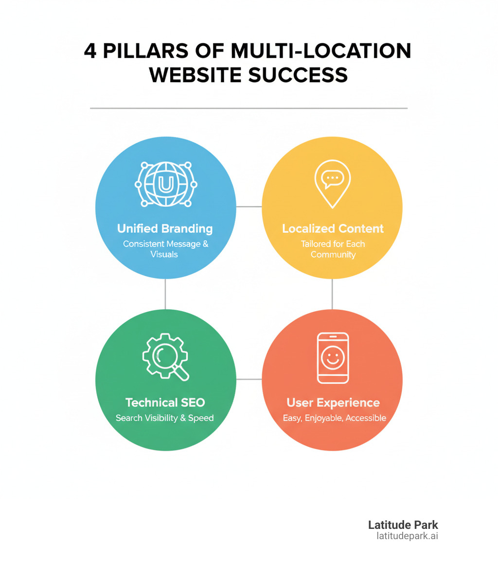 Infographic explaining the four pillars of multi-location website success: Unified Branding, Localized Content, Technical SEO, and User Experience. - multi-location website design infographic  Infographic explaining the four pillars of multi-location website success: Unified Branding, Localized Content, Technical SEO, and User Experience. - multi-location website design infographic