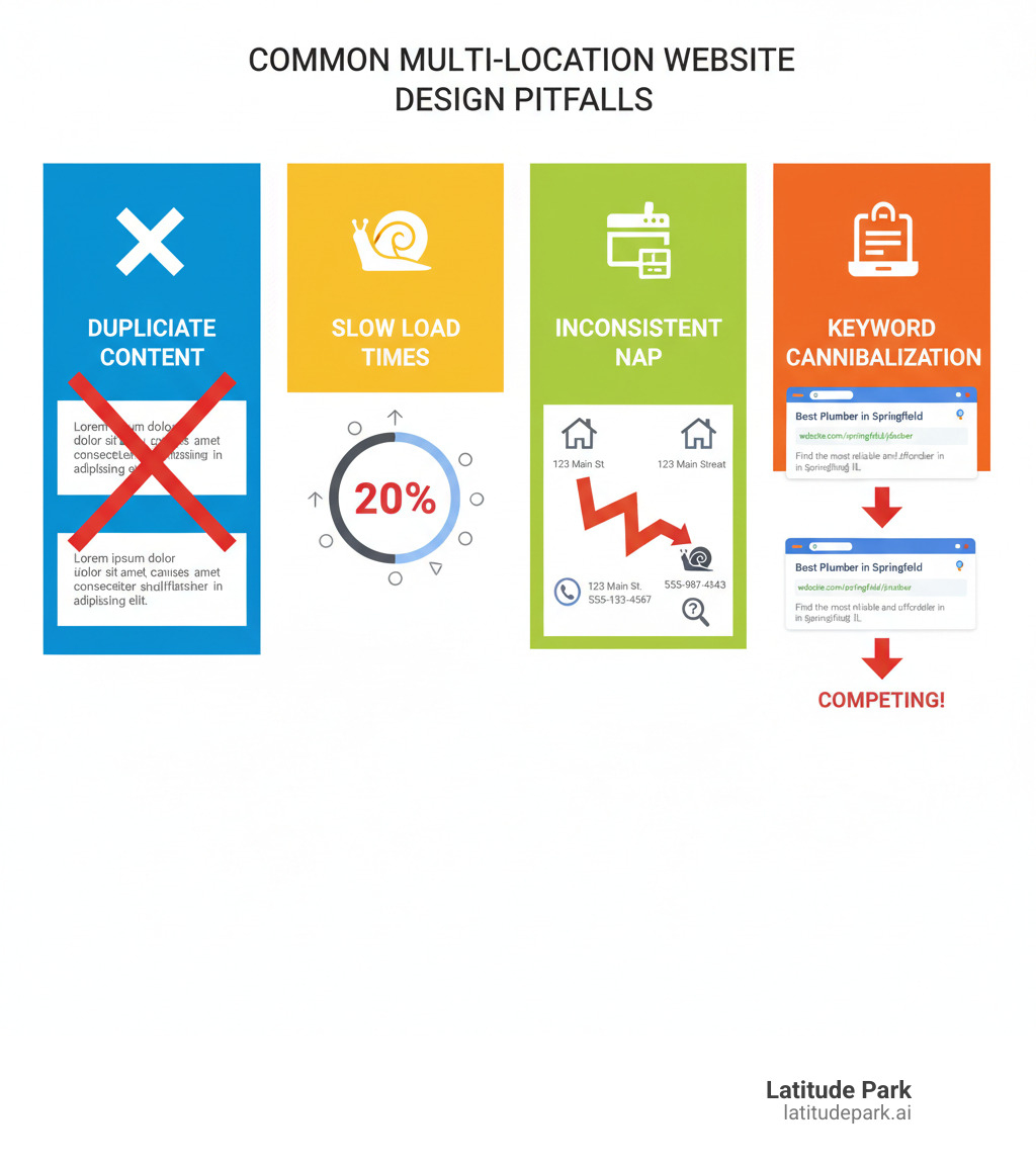 Infographic detailing common multi-location website design pitfalls: one section shows "Duplicate Content" with identical text blocks and a red X, another shows "Slow Load Times" with a loading spinner stuck at 20%, a third shows "Inconsistent NAP" with conflicting address and phone number icons, and a fourth shows "Keyword Cannibalization" with two identical search result snippets competing for the same keyword - multi-location website design infographic  Infographic detailing common multi-location website design pitfalls: one section shows "Duplicate Content" with identical text blocks and a red X, another shows "Slow Load Times" with a loading spinner stuck at 20%, a third shows "Inconsistent NAP" with conflicting address and phone number icons, and a fourth shows "Keyword Cannibalization" with two identical search result snippets competing for the same keyword - multi-location website design infographic