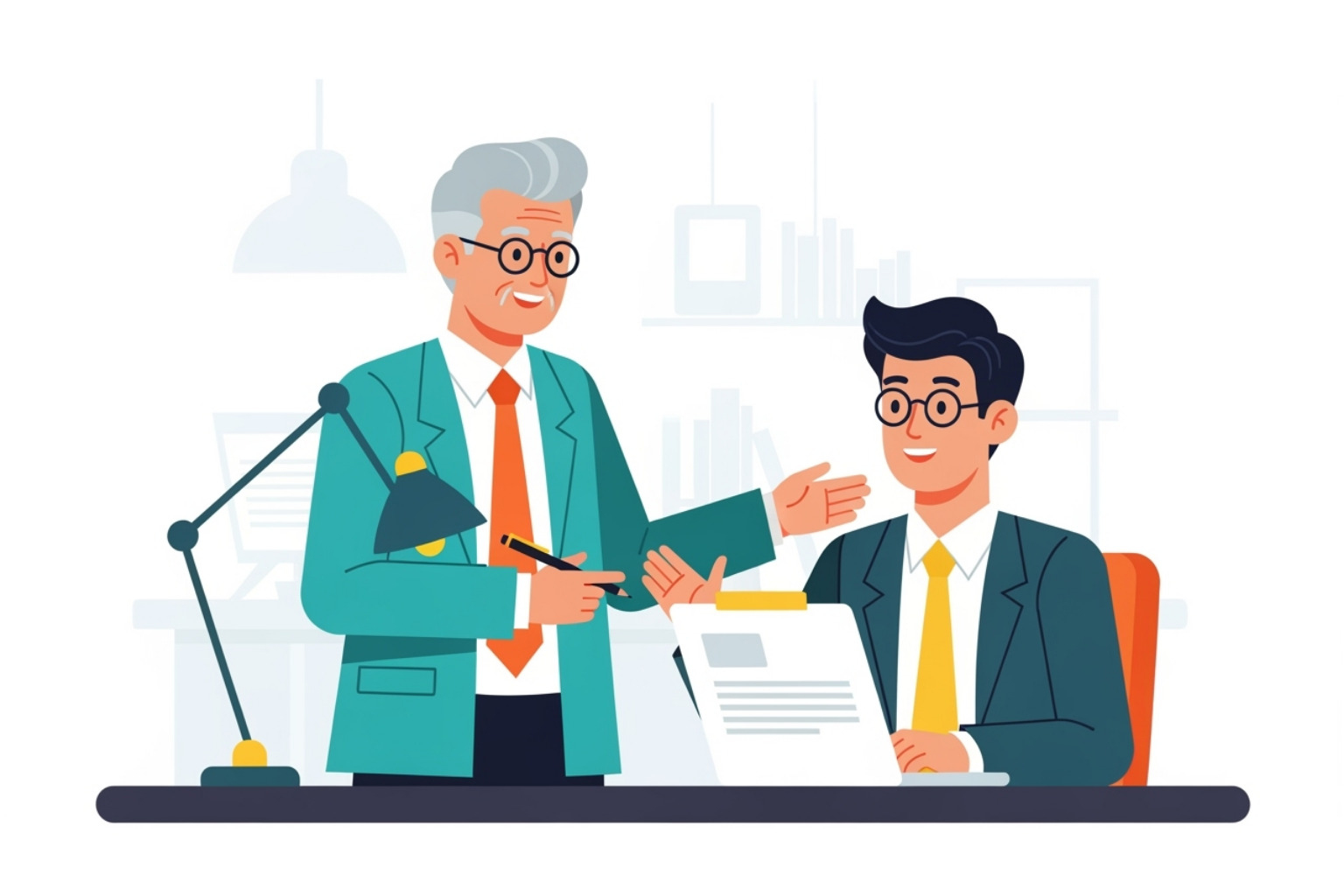 Younger person learning from an older person in a modern business setting, using teal, orange, and yellow. - Marketing for family-owned B2B businesses