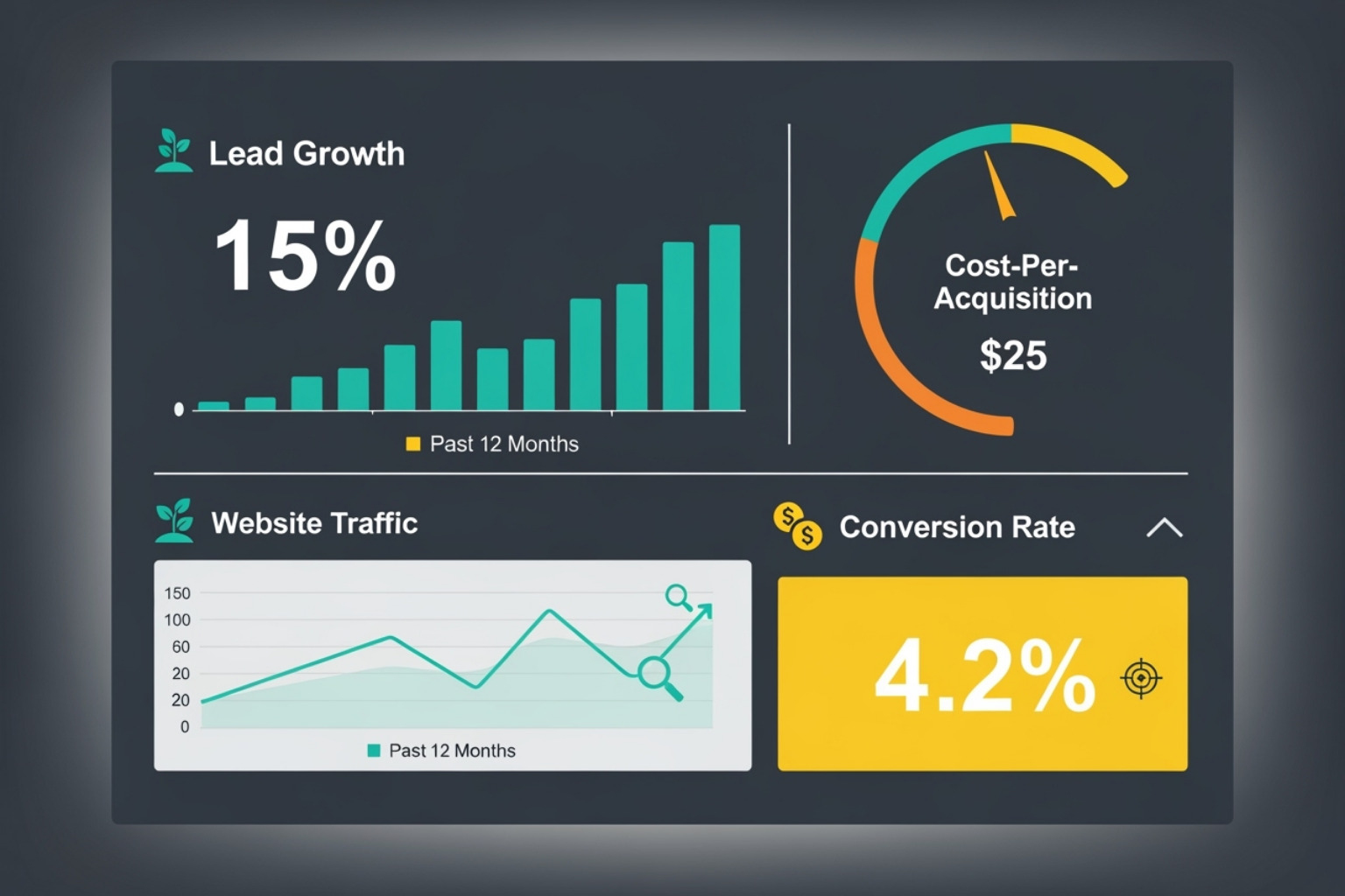 Dashboard showing positive marketing ROI metrics like lead growth and cost-per-acquisition in teal, orange, and yellow. - Marketing for family-owned B2B businesses