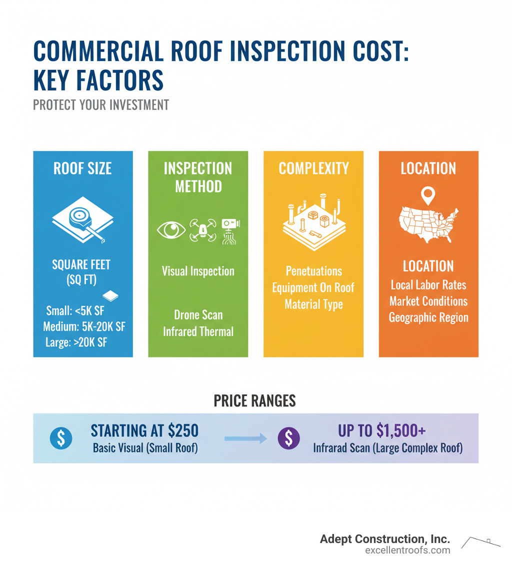 Infographic showing the key components of commercial roof inspection cost: roof size measured in square feet, inspection method options (visual, drone, infrared), complexity factors including penetrations and equipment, geographic location impact on labor rates, and typical price ranges from $250 for small basic inspections to $1,500+ for large infrared scans - commercial roof inspection cost infographic  Infographic showing the key components of commercial roof inspection cost: roof size measured in square feet, inspection method options (visual, drone, infrared), complexity factors including penetrations and equipment, geographic location impact on labor rates, and typical price ranges from $250 for small basic inspections to $1,500+ for large infrared scans - commercial roof inspection cost infographic