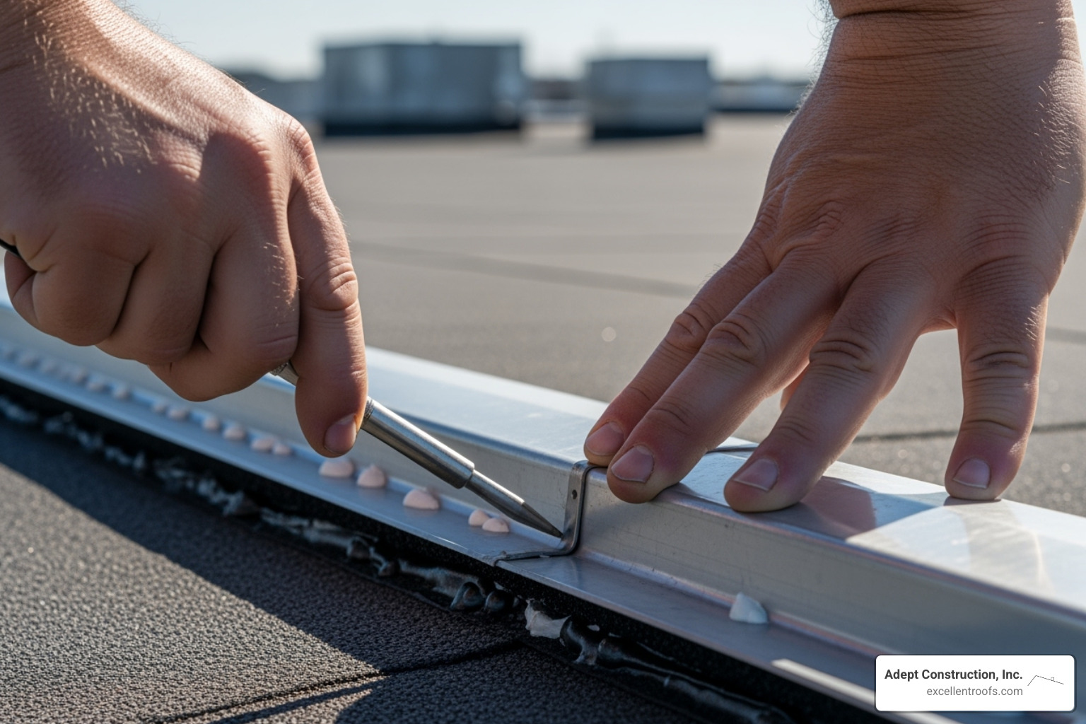 close-up of a roofing professional examining seams and flashing on a commercial roof - commercial roof inspection cost close-up of a roofing professional examining seams and flashing on a commercial roof - commercial roof inspection cost