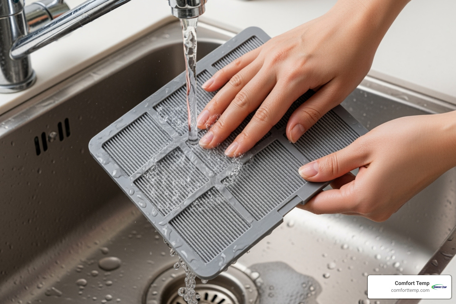 A person cleaning a washable air filter from a portable air conditioner unit - portable air conditioner units A person cleaning a washable air filter from a portable air conditioner unit - portable air conditioner units