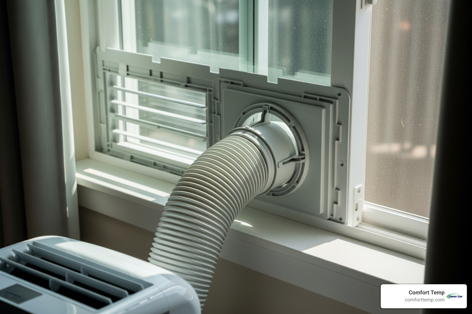 Window vent kit installed in a sliding window with an exhaust hose connected - portable air conditioner units Window vent kit installed in a sliding window with an exhaust hose connected - portable air conditioner units