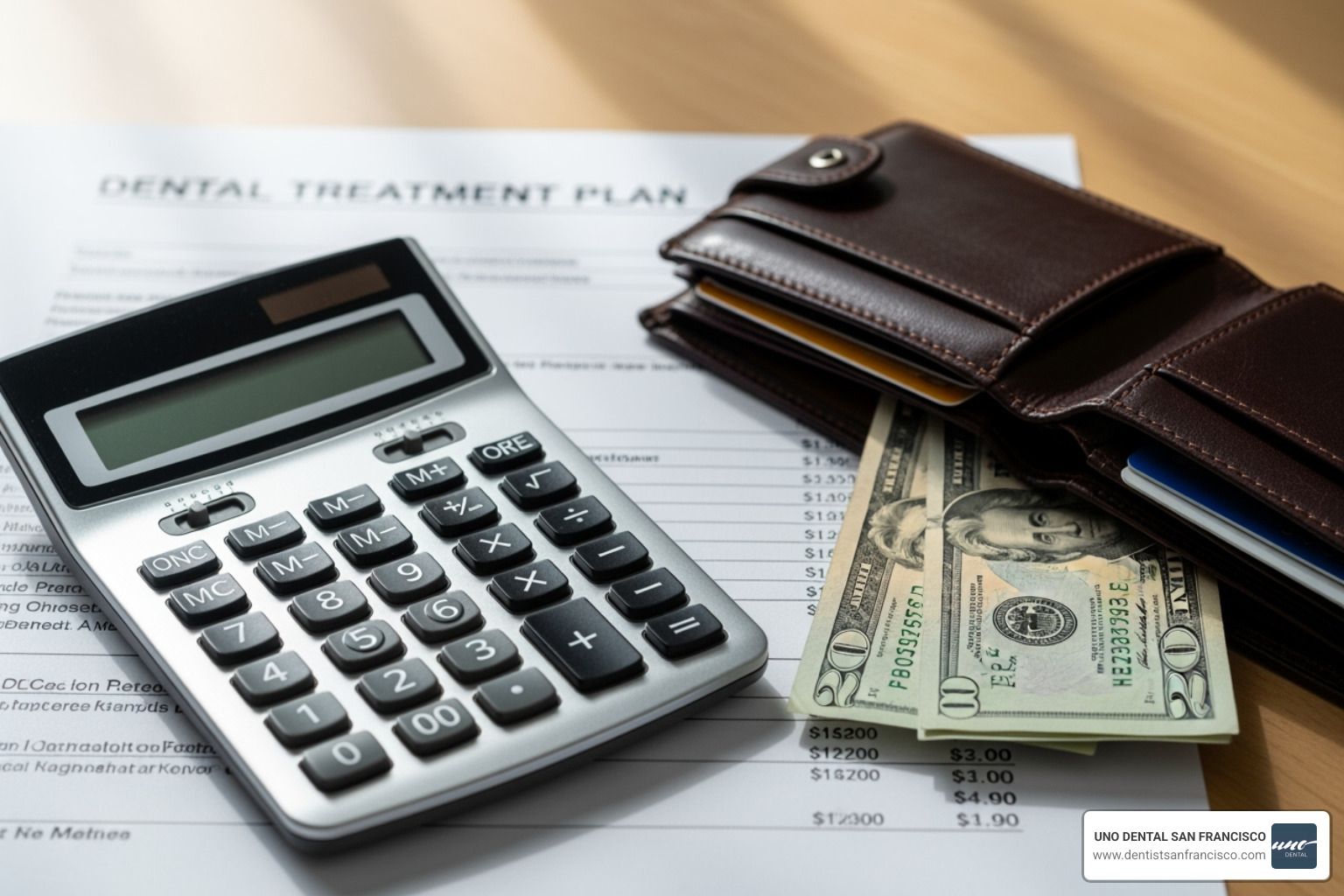 A calculator rests on top of a dental treatment plan and an open wallet, symbolizing financial planning for dental care - health insurance that covers cosmetic dentistry A calculator rests on top of a dental treatment plan and an open wallet, symbolizing financial planning for dental care - health insurance that covers cosmetic dentistry