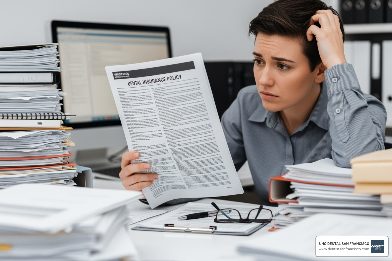 A person with a confused expression reviews a dental insurance policy document, surrounded by stacks of paperwork - health insurance that covers cosmetic dentistry A person with a confused expression reviews a dental insurance policy document, surrounded by stacks of paperwork - health insurance that covers cosmetic dentistry