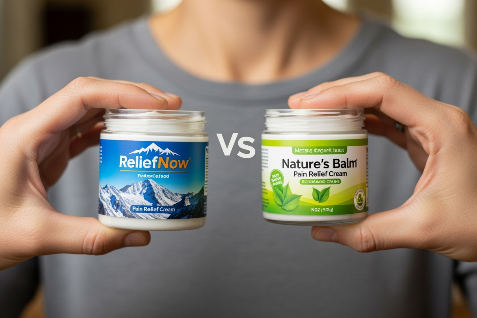 person comparing two different jars of pain relief cream - cream for pain relief
