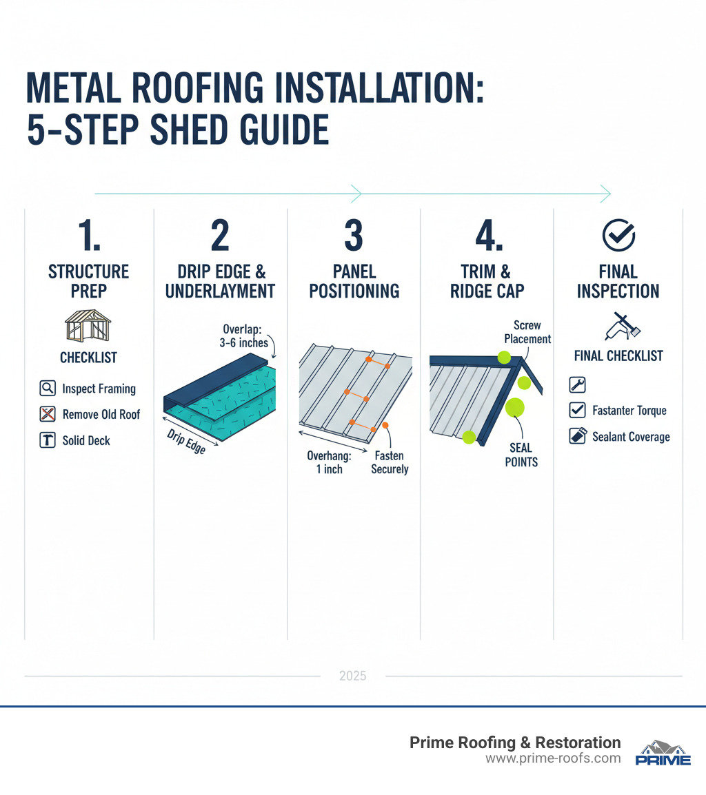 Infographic showing the 5-step metal roofing installation process for sheds: 1) Structure Preparation with inspection checklist, 2) Drip Edge and Underlayment Installation with overlap measurements, 3) Panel Positioning showing proper overhang and screw placement diagrams, 4) Trim and Ridge Cap Installation with sealing points highlighted, 5) Final Inspection checklist including fastener torque and sealant coverage - installing metal roofing on a shed infographic Infographic showing the 5-step metal roofing installation process for sheds: 1) Structure Preparation with inspection checklist, 2) Drip Edge and Underlayment Installation with overlap measurements, 3) Panel Positioning showing proper overhang and screw placement diagrams, 4) Trim and Ridge Cap Installation with sealing points highlighted, 5) Final Inspection checklist including fastener torque and sealant coverage - installing metal roofing on a shed infographic