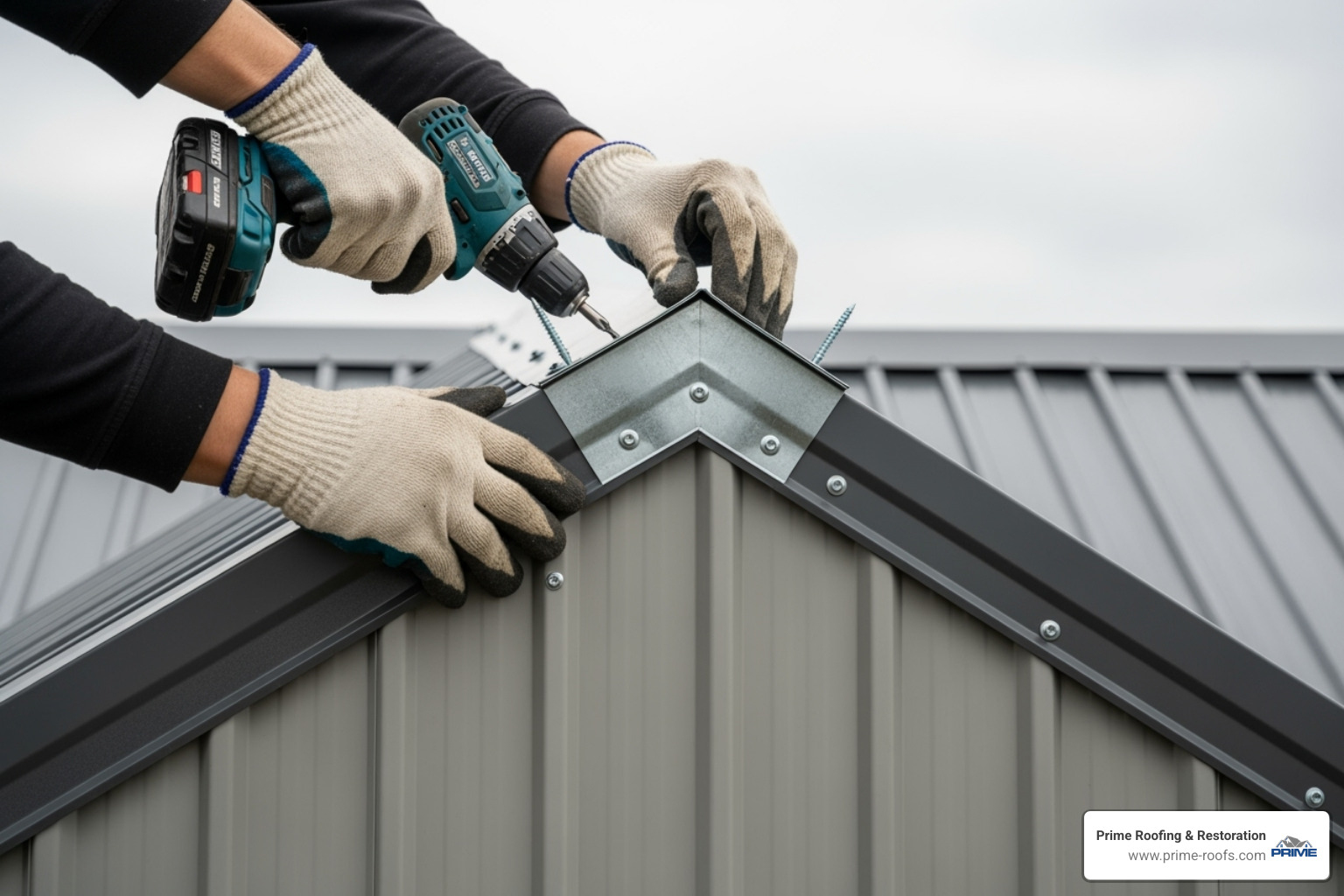 Installing ridge cap on the peak of a shed roof - installing metal roofing on a shed Installing ridge cap on the peak of a shed roof - installing metal roofing on a shed