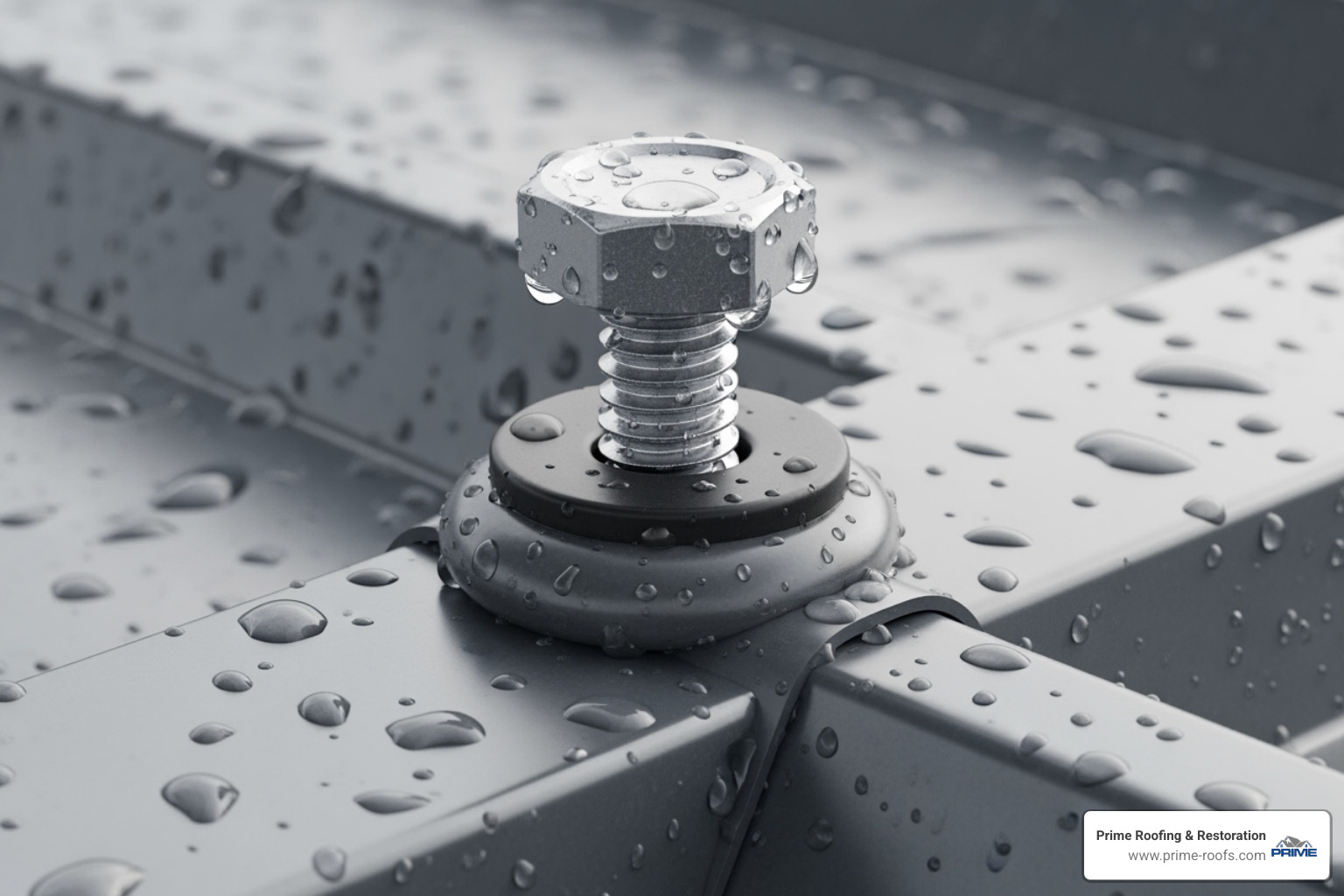 A close-up on a properly driven roofing screw with the rubber washer perfectly compressed - installing metal roofing on a shed A close-up on a properly driven roofing screw with the rubber washer perfectly compressed - installing metal roofing on a shed