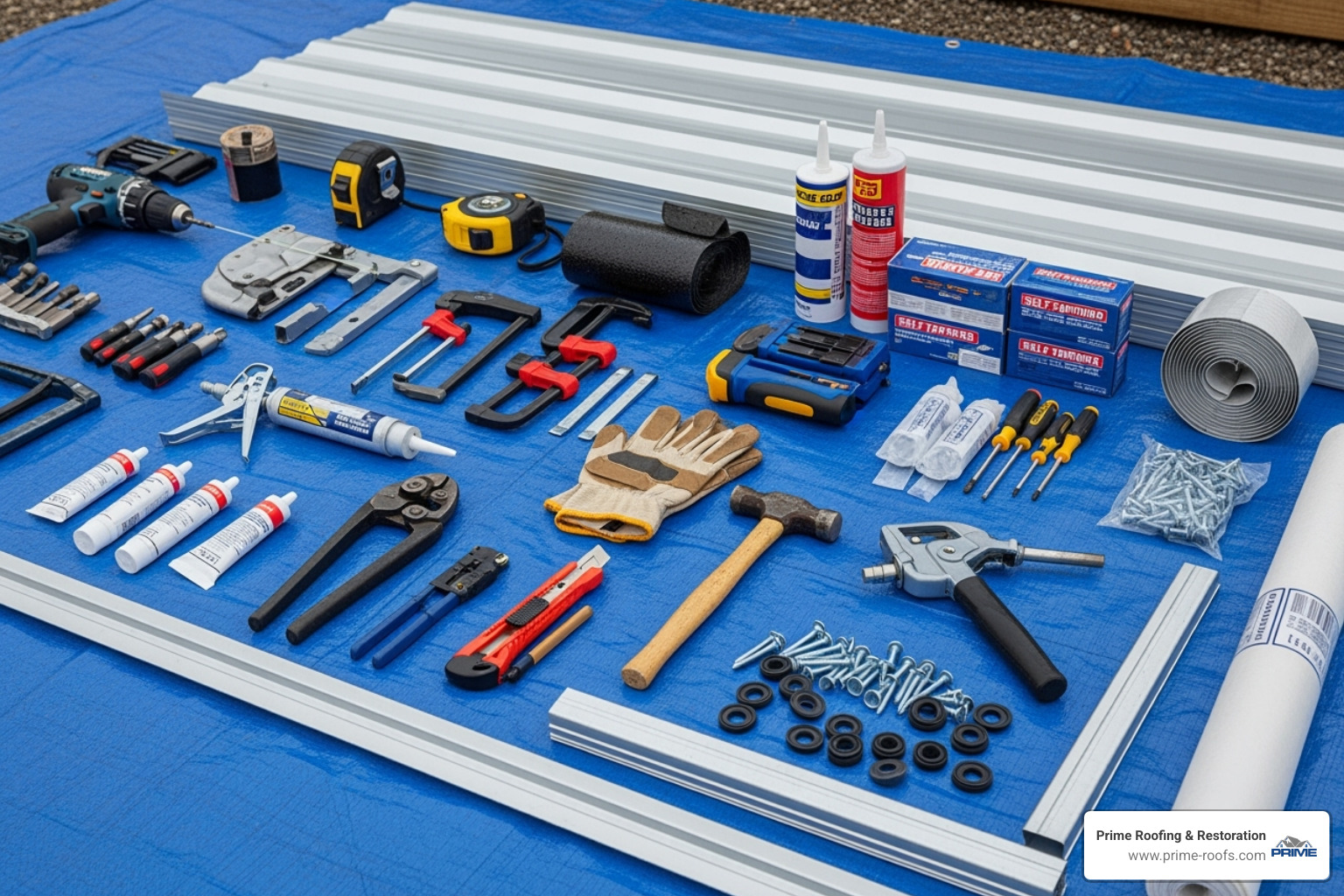 All necessary tools and materials neatly laid out on a tarp - installing metal roofing on a shed All necessary tools and materials neatly laid out on a tarp - installing metal roofing on a shed