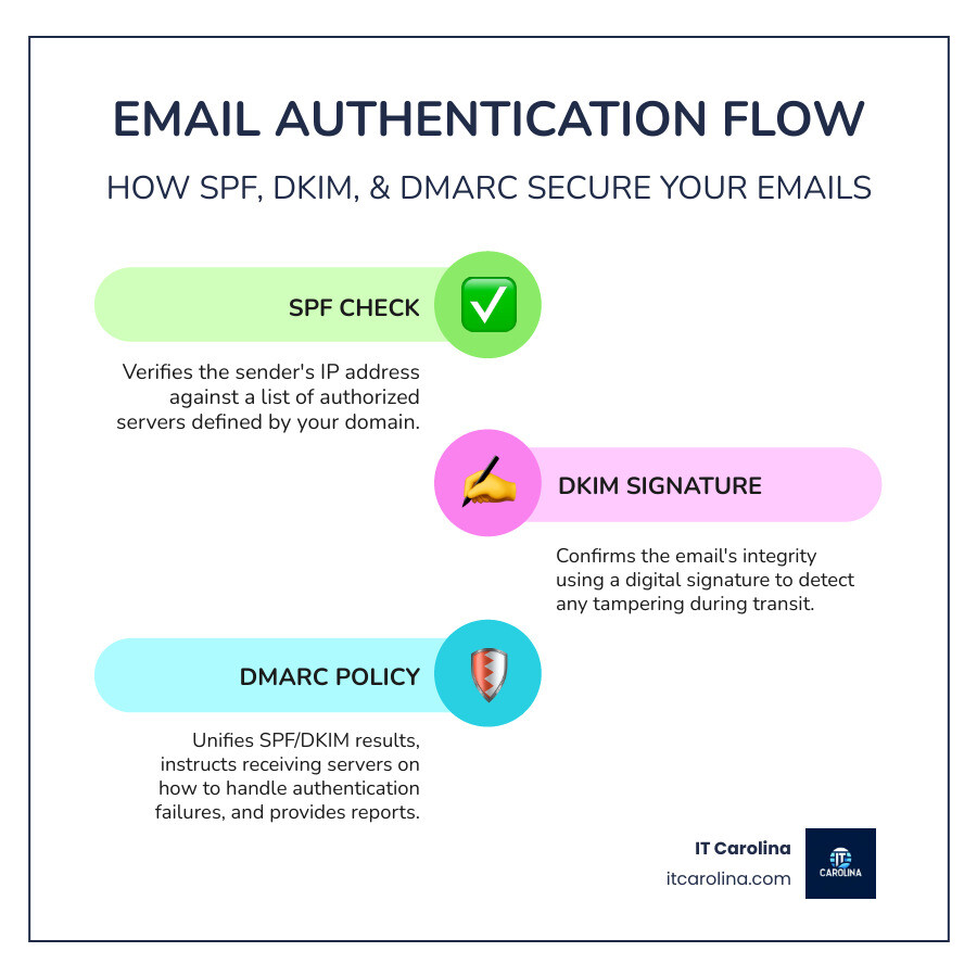 Infographic showing the flow of email authentication: An email is sent from a business domain, passes through SPF check (verifies authorized IP), DKIM check (verifies digital signature), and DMARC check (confirms alignment), then either reaches the inbox with a checkmark or gets rejected/quarantined with an X mark. Unauthenticated emails are shown being blocked or sent to spam. - How to setup DKIM, SPF, DMRAC record for your email and what it is important infographic infographic-line-3-steps-colors