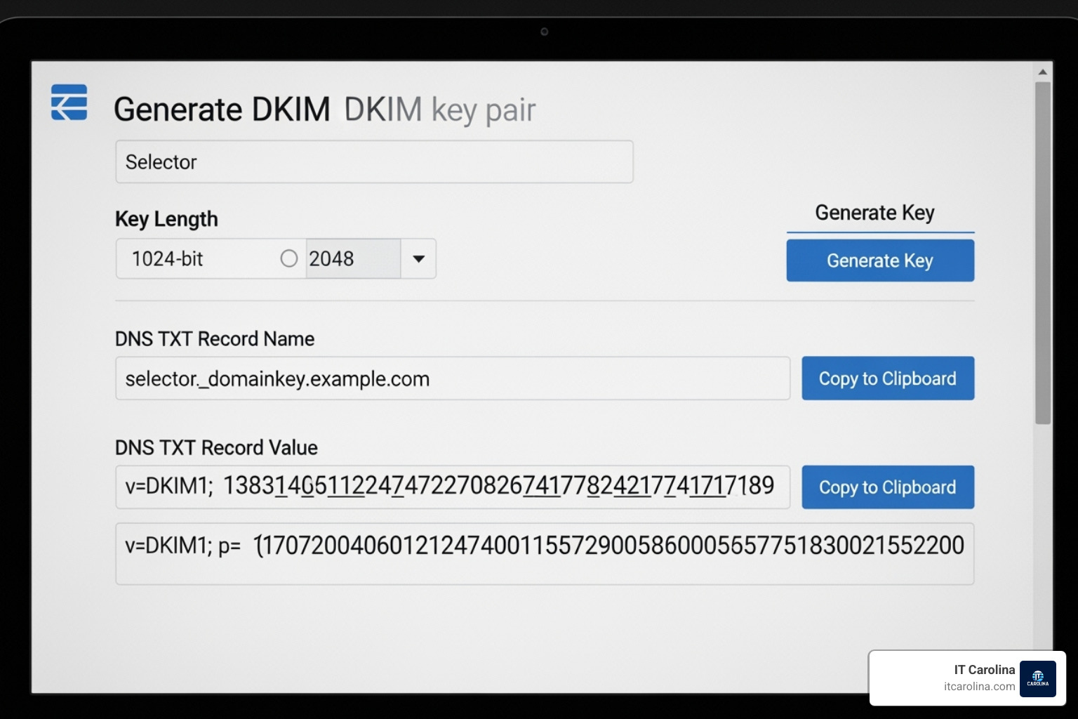 DKIM record generation screen - How to setup DKIM, SPF, DMRAC record for your email and what it is important