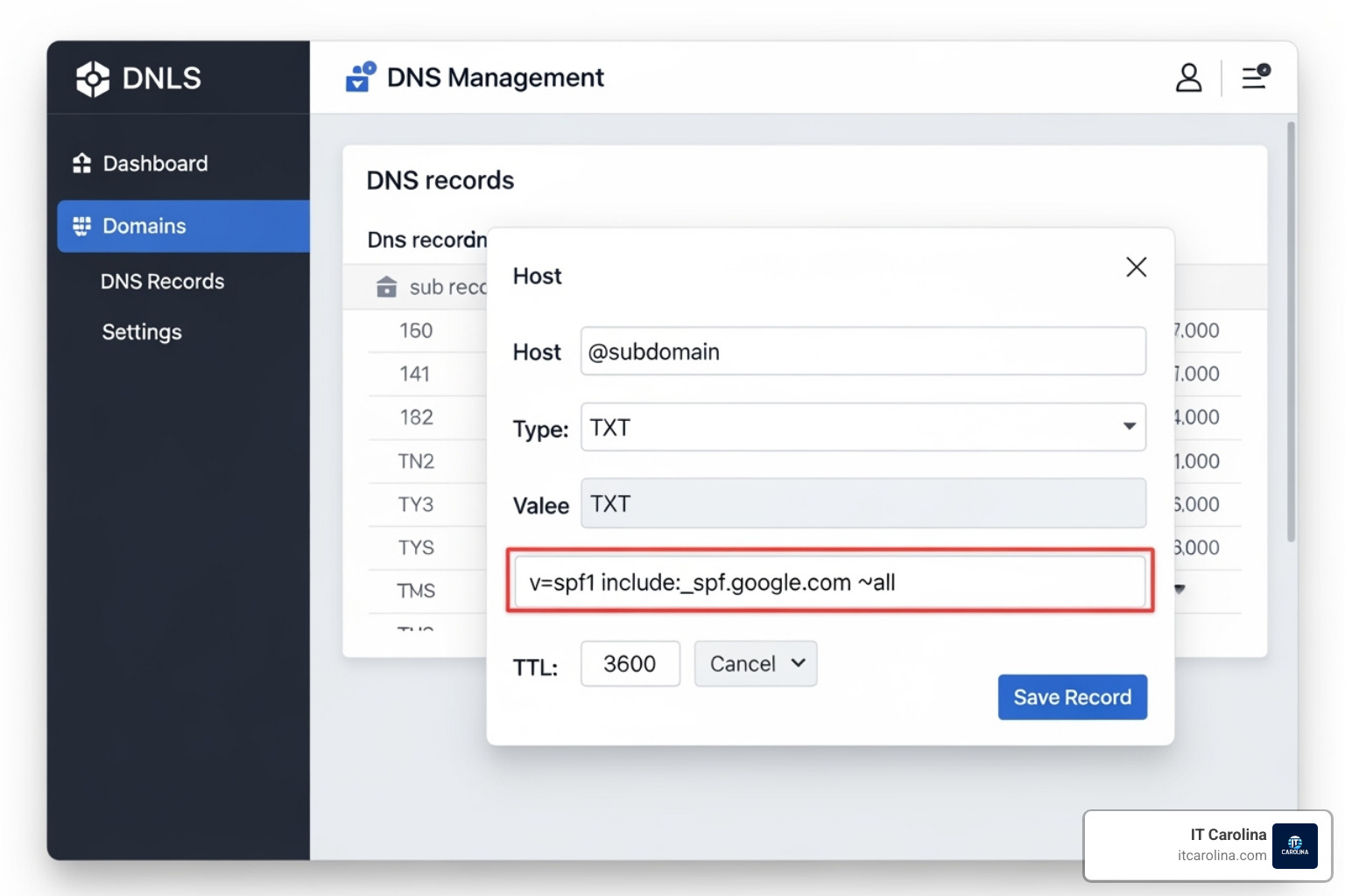 Example SPF TXT record in a DNS editor - How to setup DKIM, SPF, DMRAC record for your email and what it is important