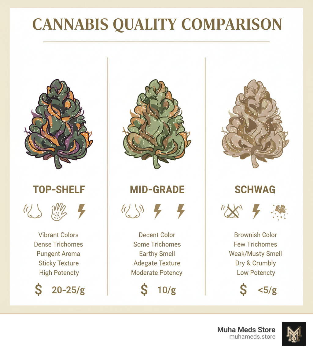 Infographic comparing Top-Shelf weed characteristics (vibrant colors, dense trichomes, pungent aroma, sticky texture, high potency, $20-25 per gram), Mid-Grade weed characteristics (decent color, some trichomes, earthy smell, adequate texture, moderate potency, $10 per gram), and Schwag weed characteristics (brownish color, few trichomes, weak or musty smell, dry and crumbly, low potency, under $5 per gram) - high quality weed infographic 