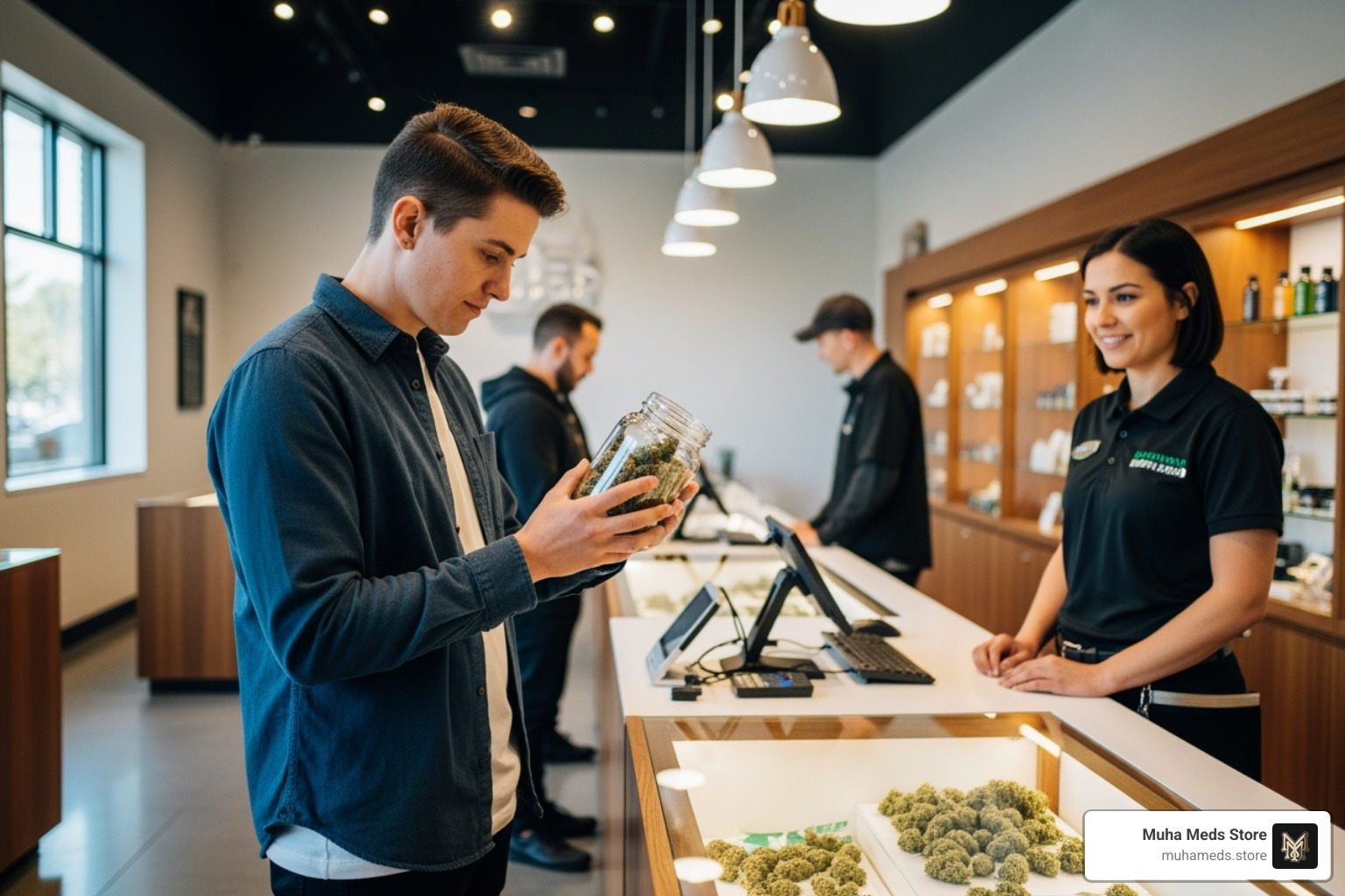 consumer examining cannabis at dispensary - high quality weed