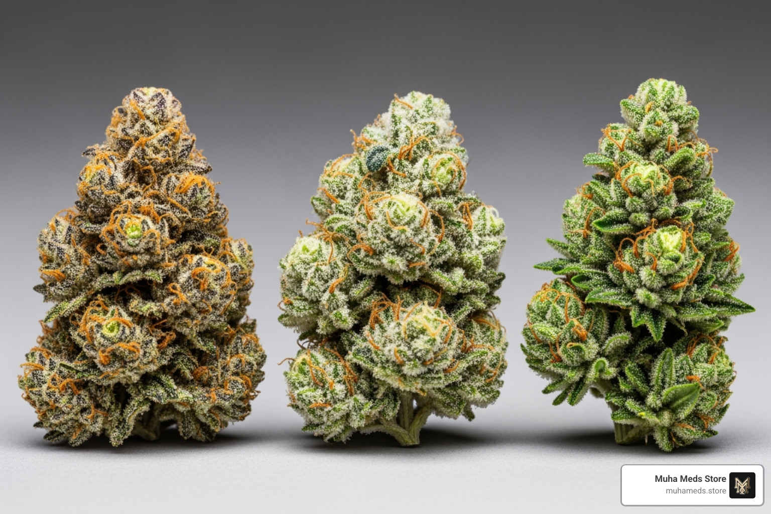 LA Kush Cake, Wedding Cake, and Kush Mints buds side-by-side - LA Kush Cake strain