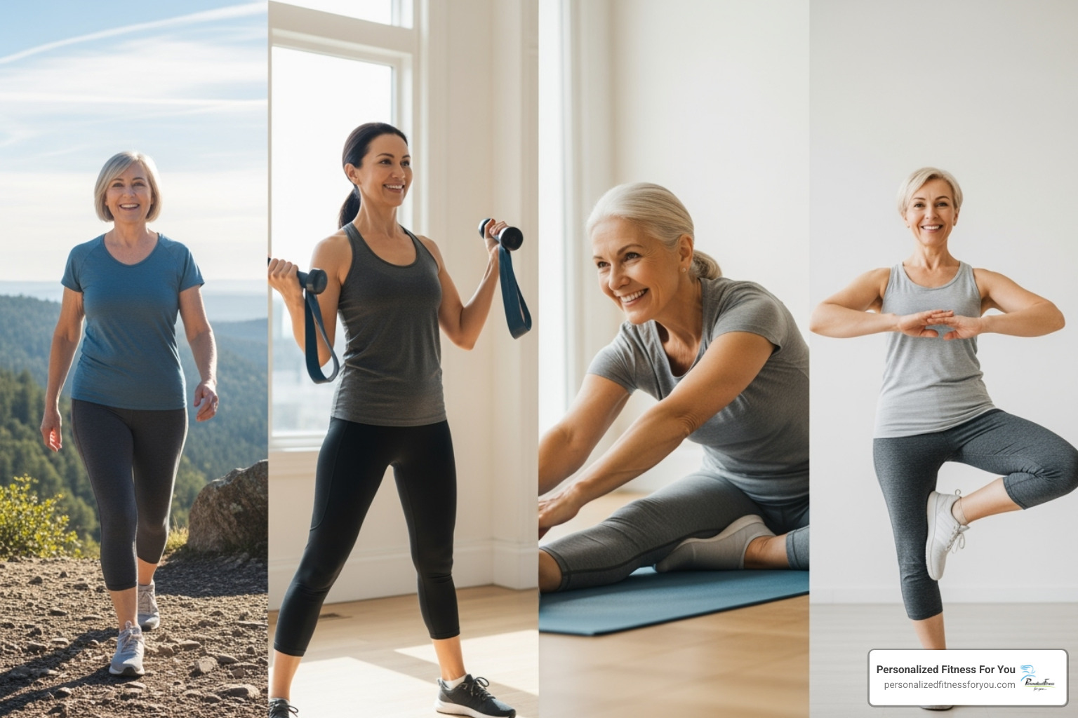 collage showing the four types of exercise: a person walking, lifting a weight, stretching, and balancing - best exercises to prevent osteoporosis collage showing the four types of exercise: a person walking, lifting a weight, stretching, and balancing - best exercises to prevent osteoporosis