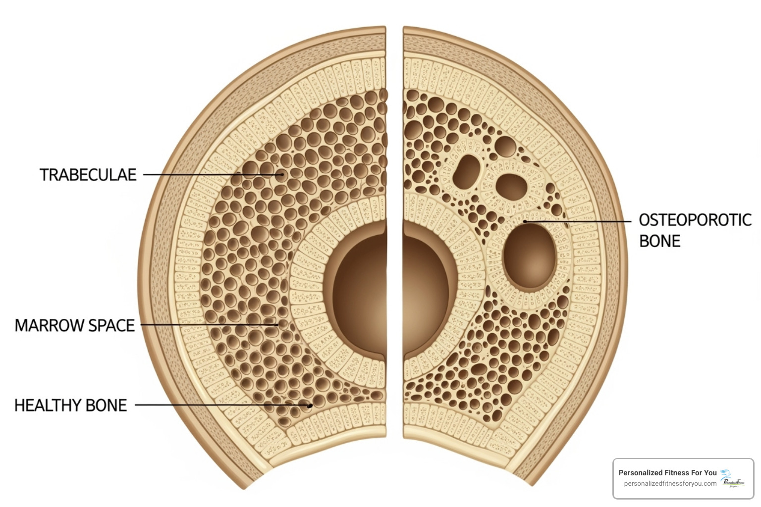 diagram illustrating the difference between healthy, dense bone and porous, osteoporotic bone - osteoporosis and strength training diagram illustrating the difference between healthy, dense bone and porous, osteoporotic bone - osteoporosis and strength training