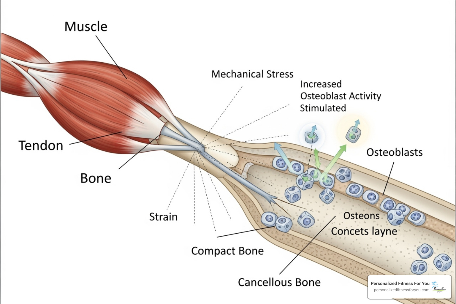diagram showing a muscle contracting and pulling on a bone, stimulating bone-building cells - osteoporosis and strength training diagram showing a muscle contracting and pulling on a bone, stimulating bone-building cells - osteoporosis and strength training