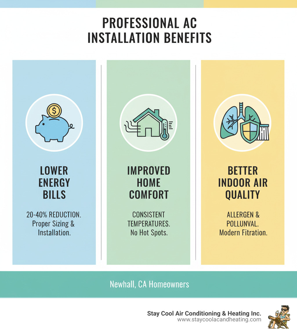 infographic showing three main benefits of professional AC installation: 1) Lower Energy Bills with proper sizing and installation reducing monthly costs by 20-40%, 2) Improved Home Comfort with consistent temperatures in every room and no hot spots, 3) Better Indoor Air Quality with modern filtration systems removing allergens and pollutants - ac installation newhall ca infographic infographic showing three main benefits of professional AC installation: 1) Lower Energy Bills with proper sizing and installation reducing monthly costs by 20-40%, 2) Improved Home Comfort with consistent temperatures in every room and no hot spots, 3) Better Indoor Air Quality with modern filtration systems removing allergens and pollutants - ac installation newhall ca infographic