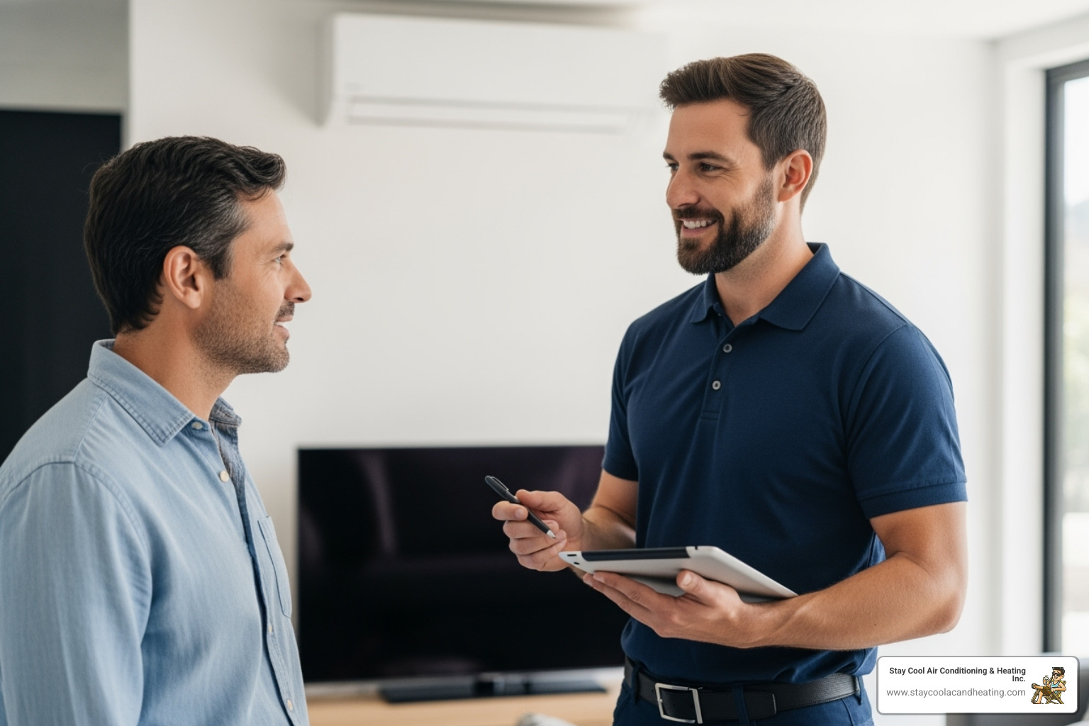 friendly technician discussing installation plan with homeowner - ac installation newhall ca friendly technician discussing installation plan with homeowner - ac installation newhall ca