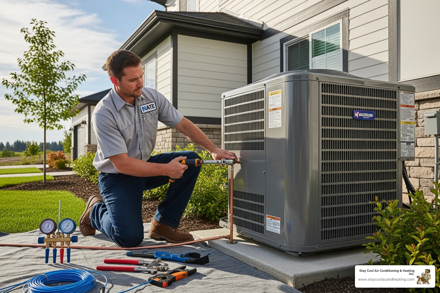 NATE-certified technician installing outdoor condenser unit - ac installation newhall ca NATE-certified technician installing outdoor condenser unit - ac installation newhall ca