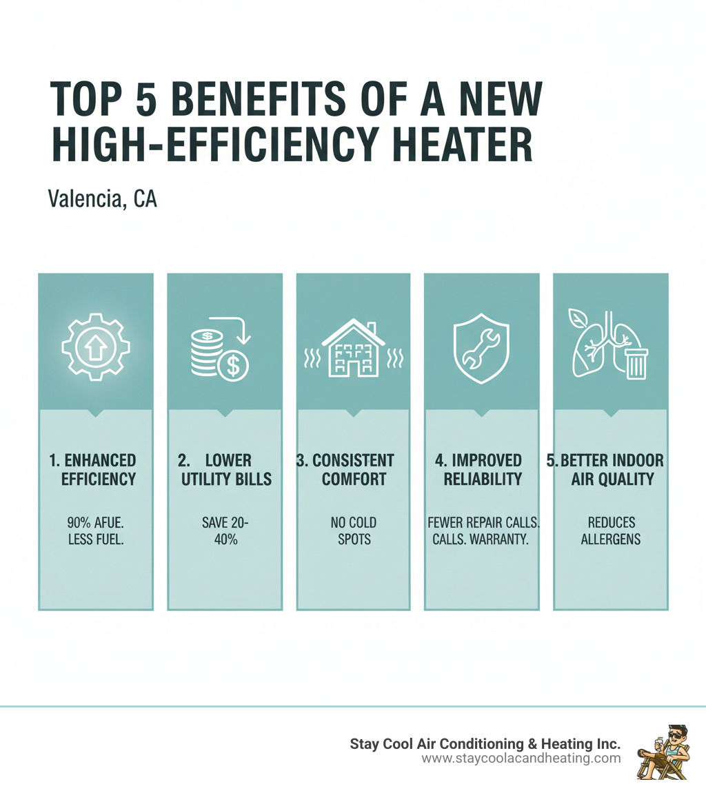 Infographic showing the top 5 benefits of a new high-efficiency heater: 1. Enhanced Energy Efficiency - Modern systems with 90%+ AFUE ratings use significantly less fuel than older models, 2. Lower Utility Bills - High-efficiency heaters can reduce monthly heating costs by 20-40%, 3. Consistent Comfort - Even heating throughout the home eliminates cold spots and temperature swings, 4. Improved Reliability - New systems with full warranties mean fewer breakdowns and repair calls, 5. Better Indoor Air Quality - Modern heaters work with advanced filtration to reduce allergens and pollutants - heater installation valencia ca infographic 