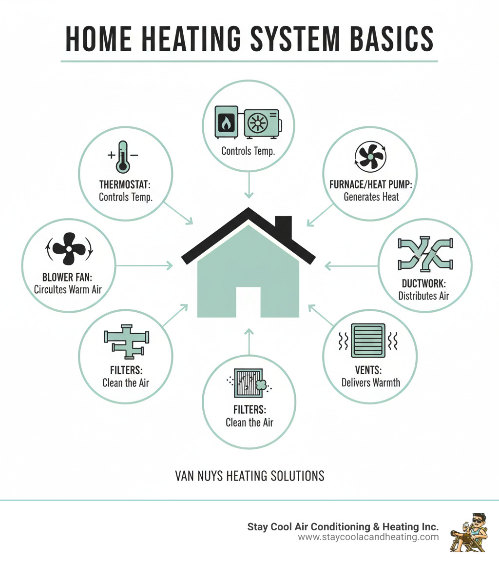 Infographic showing the basic components of a home heating system: thermostat controls temperature, furnace or heat pump generates heat, blower fan circulates warm air, ductwork distributes air throughout the home, filters clean the air, and vents deliver warmth to each room - heating repair van nuys ca infographic Infographic showing the basic components of a home heating system: thermostat controls temperature, furnace or heat pump generates heat, blower fan circulates warm air, ductwork distributes air throughout the home, filters clean the air, and vents deliver warmth to each room - heating repair van nuys ca infographic