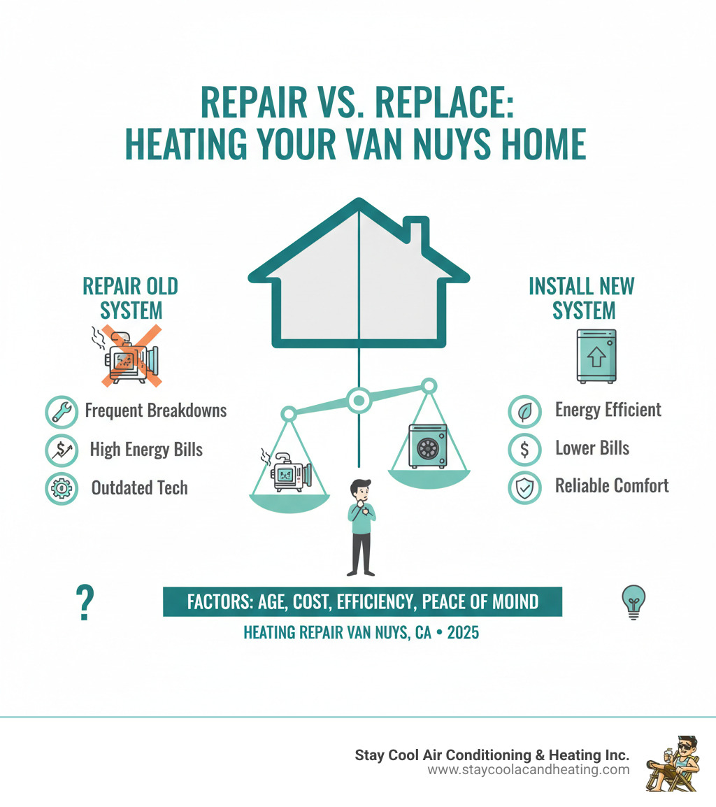 A homeowner weighing options between repairing an old heating system and installing a new, energy-efficient model - heating repair van nuys ca infographic A homeowner weighing options between repairing an old heating system and installing a new, energy-efficient model - heating repair van nuys ca infographic