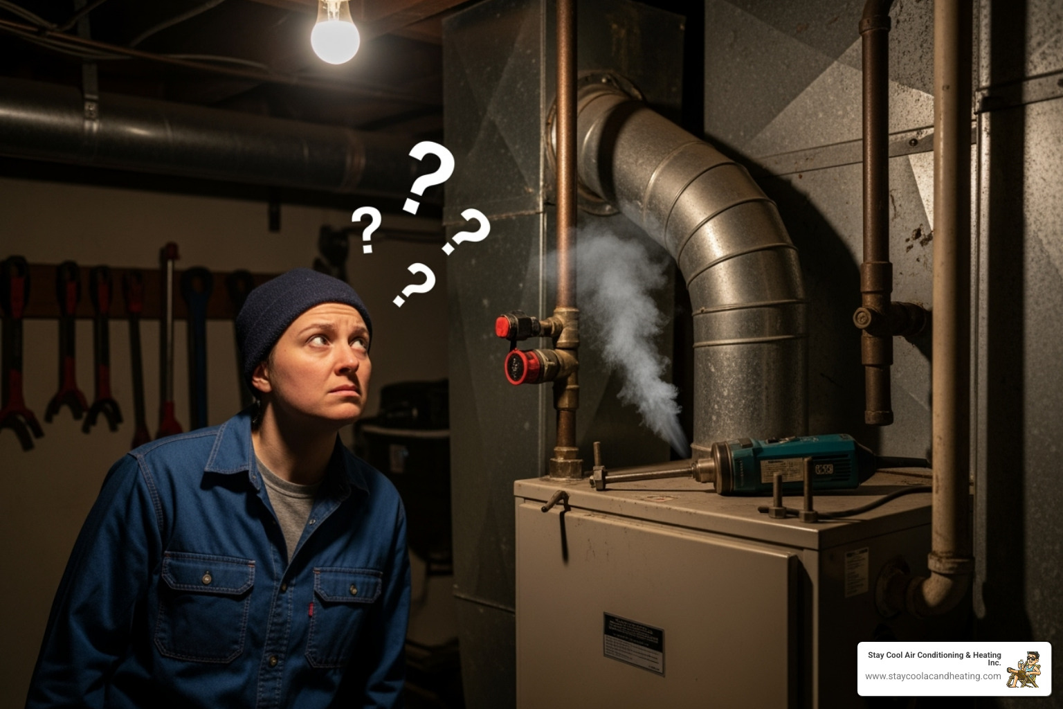A person looking quizzically at a noisy furnace, with question marks floating above their head - heating repair van nuys ca A person looking quizzically at a noisy furnace, with question marks floating above their head - heating repair van nuys ca