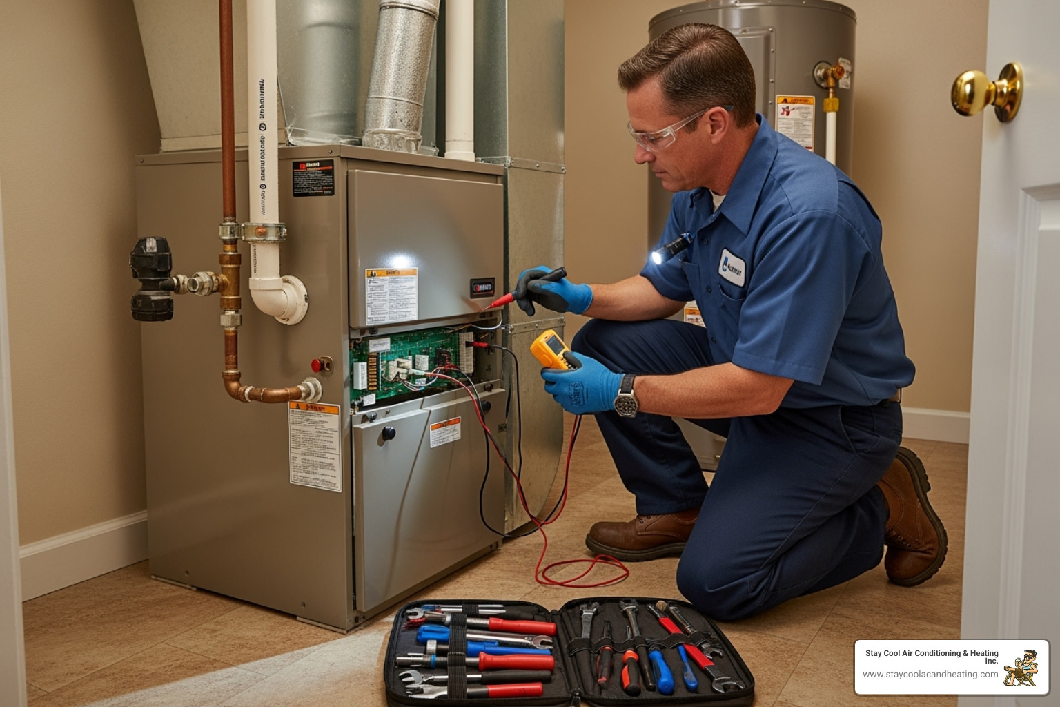 A professional HVAC technician inspecting a central furnace unit in a Van Nuys home - heating repair van nuys ca A professional HVAC technician inspecting a central furnace unit in a Van Nuys home - heating repair van nuys ca