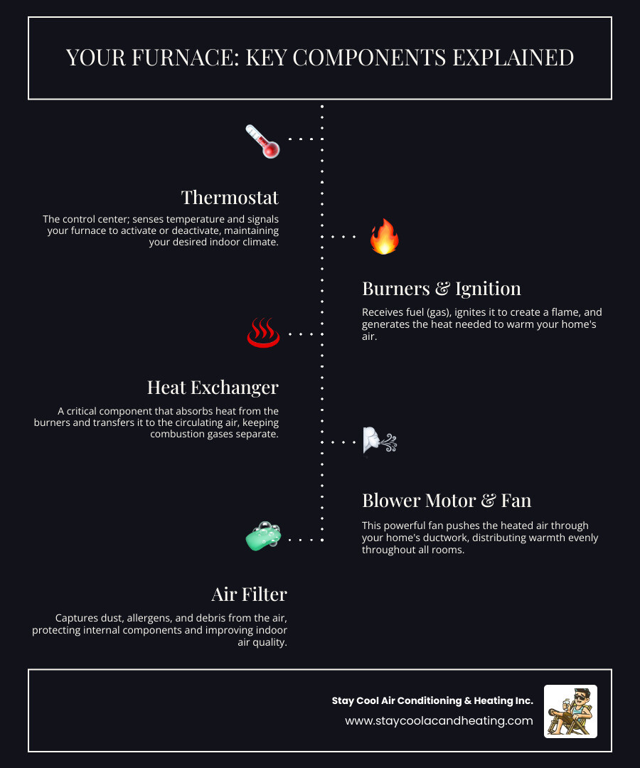 Infographic showing the main components of a home furnace system including the thermostat, gas valve, burners, heat exchanger, blower motor, air filter, and flue, with arrows indicating airflow and labels explaining each part's function - furnace repair westlake village ca infographic infographic-line-5-steps-dark